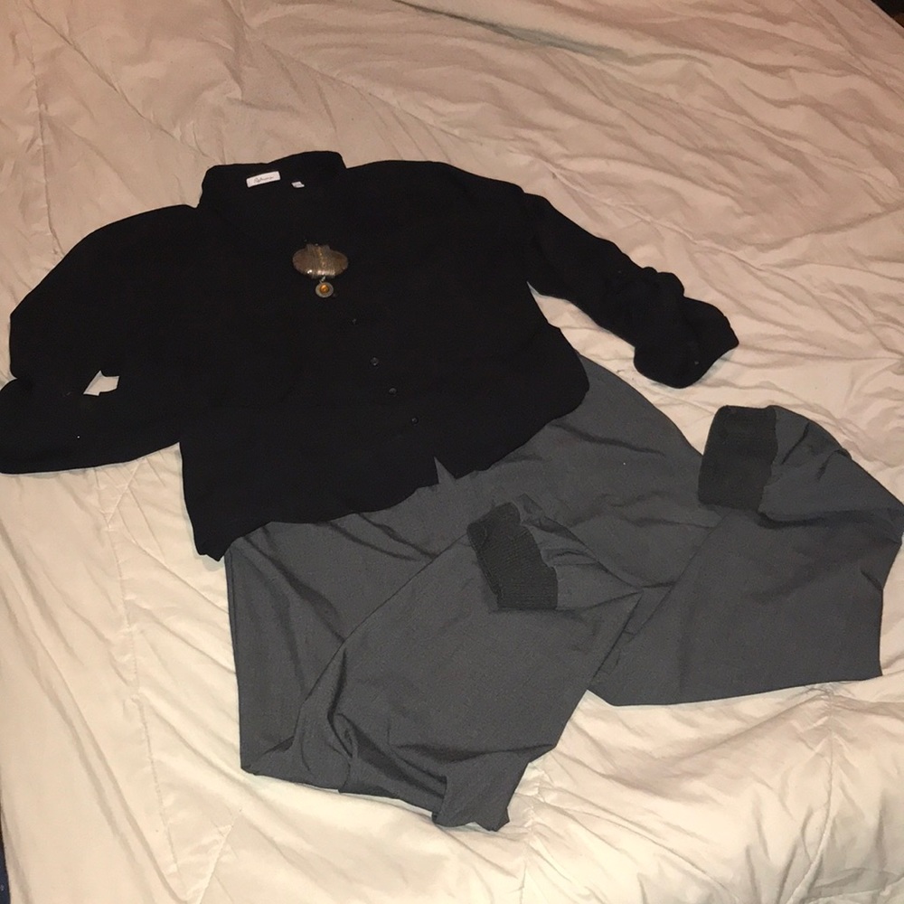 Two for the price of one black top gray pants